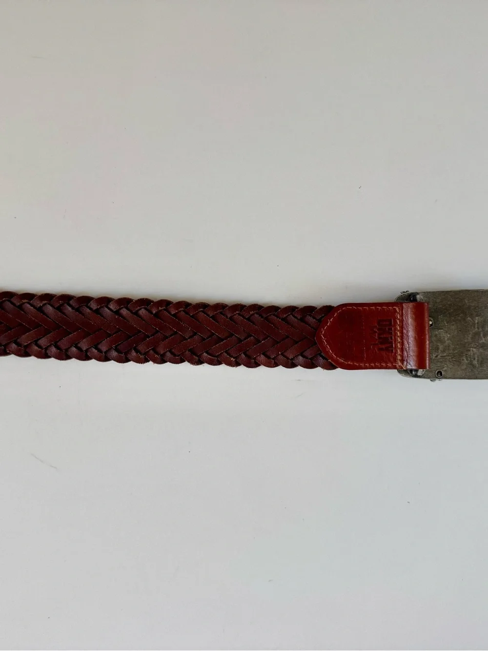 Dkny Red-Brown Braided Leather Belt with Silver Eagle Buckle